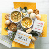 Spoonful of Comfort Favorite Flavors package with Chicken Noodle soup, six chocolate chip cookies and six old fashioned rolls