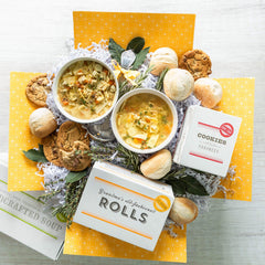 Spoonful of Comfort Favorite Flavors package with Chicken Noodle soup, six chocolate chip cookies and six old fashioned rolls