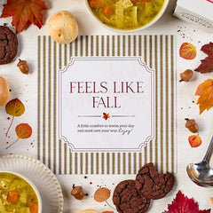 Overhead view of a fall-themed arrangement with two bowls of soup, rolls, cookies, a box labeled âHandcrafted Soup,â a box of rolls, a metal ladle with a yellow ribbon, autumn leaves, and a card that reads âFeels Like Fall.â