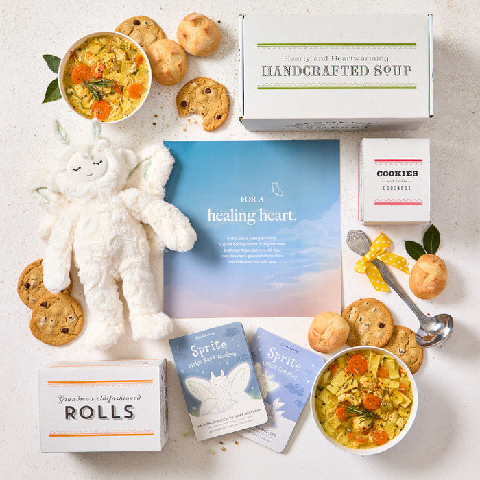 Overhead view of a sympathy-themed gift arrangement with two bowls of soup, rolls, cookies, a box labeled âHandcrafted Soup,â a metal ladle with a yellow ribbon, a plush stuffed animal, two childrenâs grief books, and a card that reads âFor a Healing Heart.â