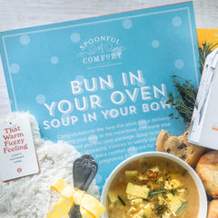Close up of Pregnancy Care Package insert with text "Bun in your oven, soup in your bowl"