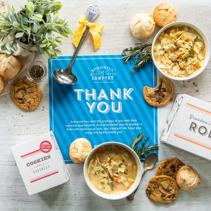 Thank You Care Package with soup, rolls and cookie displayed with included package insert with text "Thank You"