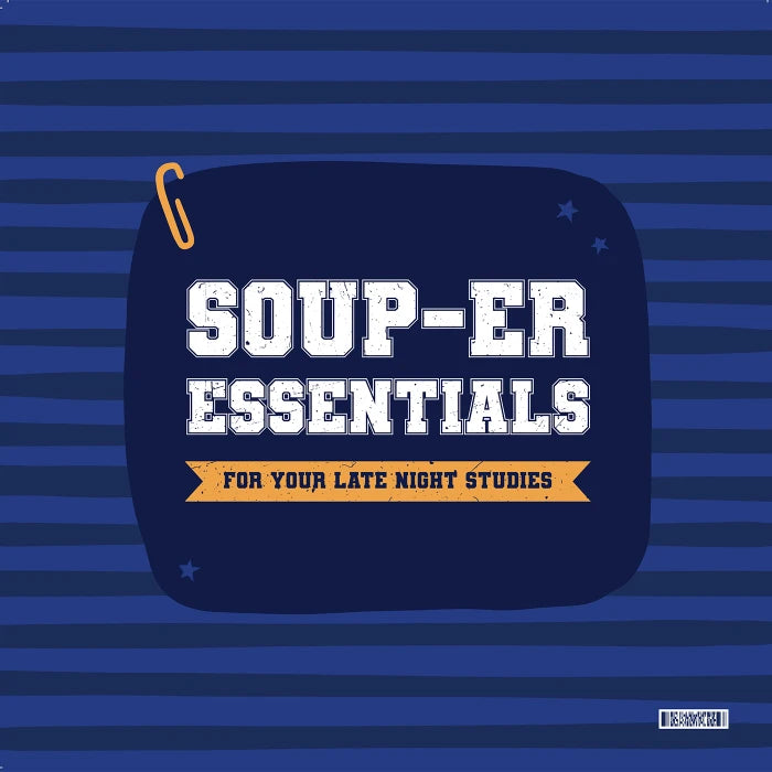 College CaBlue card with striped background that reads âSoup-er Essentials for Your Late Night Studies,â with a small paperclip graphic in the corner.re Essentials Package