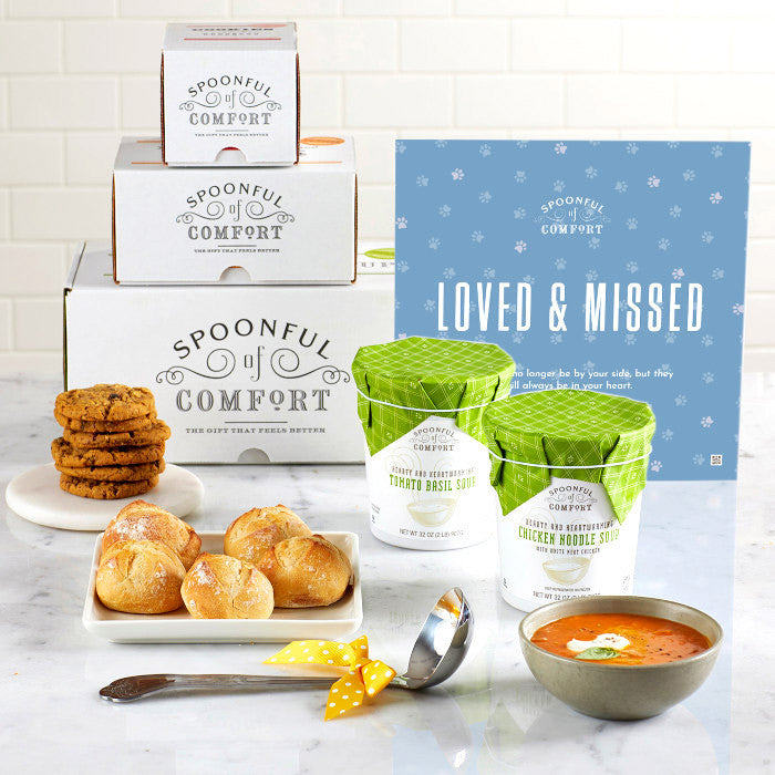 Soup gift set arranged with a bowl of soup, rolls, cookies, two containers of soup with green lids, Spoonful of Comfort boxes, a metal ladle with a yellow ribbon, and a blue card that reads âLoved & Missed.â