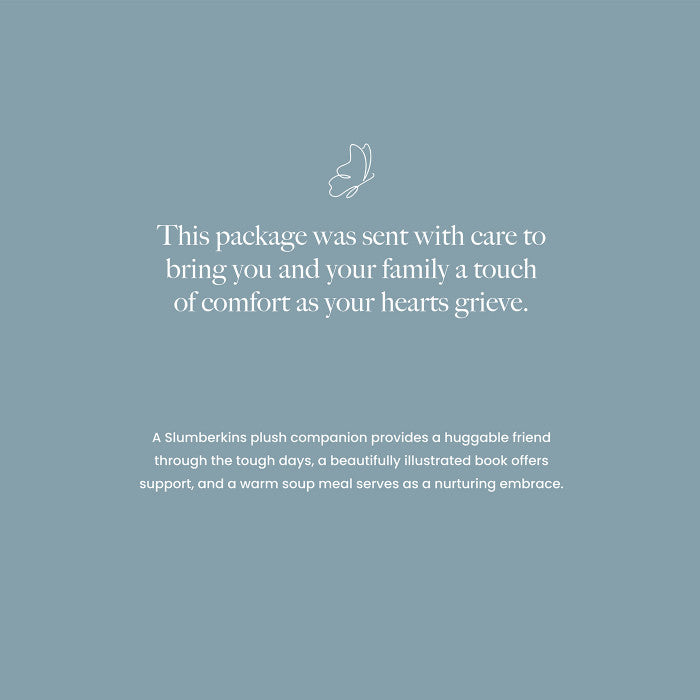Card with a soft blue background that reads âThis package was sent with care to bring you and your family a touch of comfort as your hearts grieve,â with smaller supportive message text below.